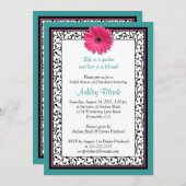 ティール(緑がかった色)ピンクガーベラデイジーブライダルシャワー招待 招待状 (正面/裏面)