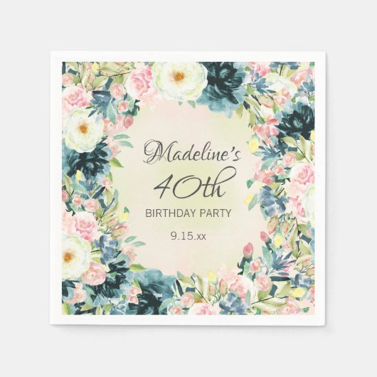 ティール(緑がかった色)ピンククリームフローラ女子40歳 スタンダードカクテルナプキン (正面)