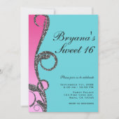 ティール(緑がかった色)&ピンクシルバーグリッタースワールスウィート16パーティー 招待状 (正面)