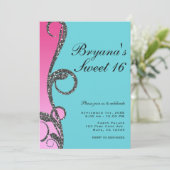 ティール(緑がかった色)&ピンクシルバーグリッタースワールスウィート16パーティー 招待状 (スタンド正面)