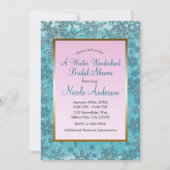 ティール（緑がかった色）ピンクスノーフレークスウィンターブライダルシャワー 招待状 (正面)