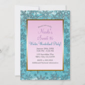 ティール（緑がかった色）&ピンクスノーフレークスウィンターワンダーランドパーティー 招待状 (正面)