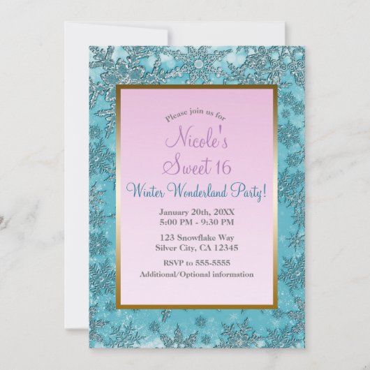 ティール（緑がかった色）&ピンクスノーフレークスウィンターワンダーランドパーティー 招待状 (正面)