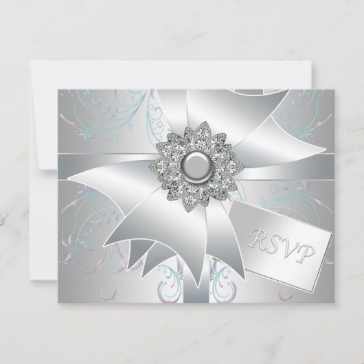 ティール（緑がかった色）ピンクスワールパールホワイトRSVPカード 出欠カード (正面)