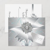 ティール（緑がかった色）ピンクスワールパールホワイトRSVPカード 出欠カード (正面/裏面)