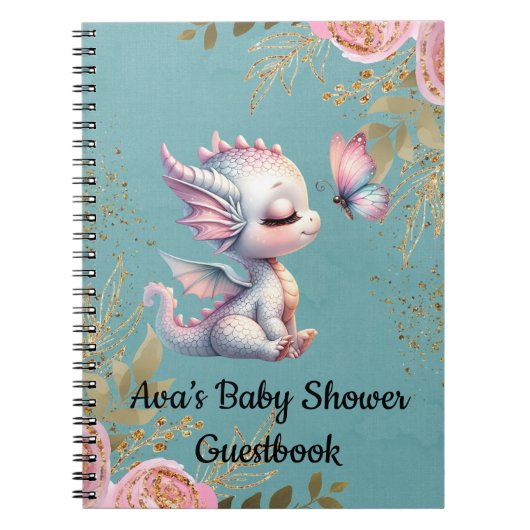 ティール(緑がかった色)ピンクドラゴンバタフライベビーシャワーゲストブック ノートブック (正面)