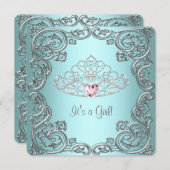 ティール(緑がかった色)ピンクハートティアラプリンセスベビーシャワー 招待状 (正面/裏面)