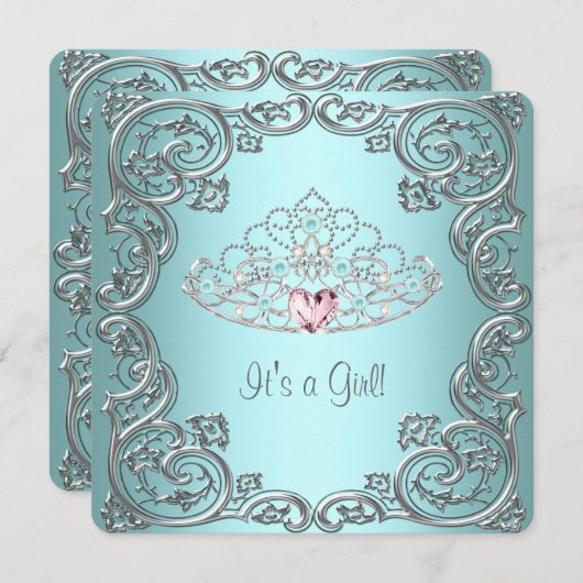 ティール（緑がかった色）ピンクハートティアラプリンセスベビーシャワー 招待状 (正面/裏面)