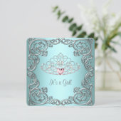 ティール(緑がかった色)ピンクハートティアラプリンセスベビーシャワー 招待状 (スタンド正面)