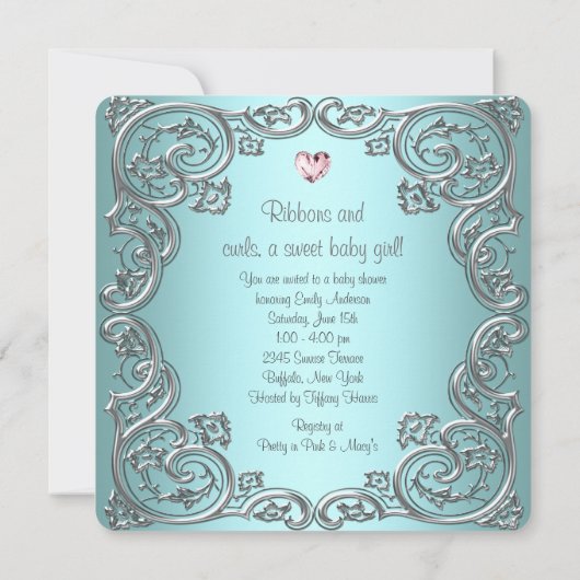 ティール（緑がかった色）ピンクハートティアラプリンセスベビーシャワー 招待状 (裏面)