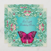 ティール(緑がかった色)ピンクバタフライ女性30th誕生日 招待状 (正面/裏面)