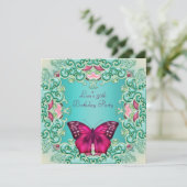 ティール(緑がかった色)ピンクバタフライ女性30th誕生日 招待状 (スタンド正面)