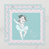 ティール（緑がかった色）ピンクバレリーナガールベビーシャワー 招待状 (正面/裏面)