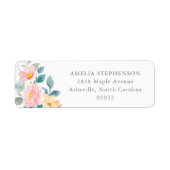 ティール(緑がかった色)ピンクパステルウォーターカラーフローラ差出人住所 ラベル (正面)