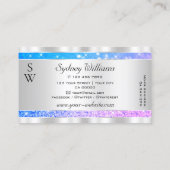 ティール（緑がかった色）ピンクパープルグリッタースターズイニシャルシルバー 名刺 (裏面)