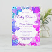 ティール(緑がかった色)ピンクパープルフローラバタフライベビーシャワー 招待状 (スタンド正面)