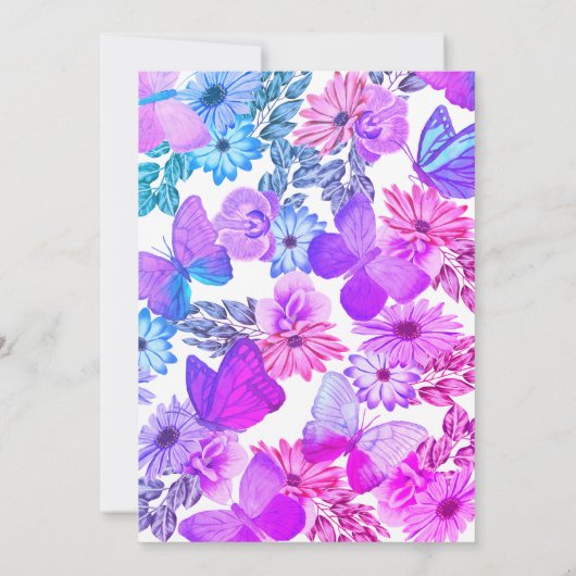 ティール（緑がかった色）ピンクパープルフローラバタフライベビーシャワー 招待状 (裏面)