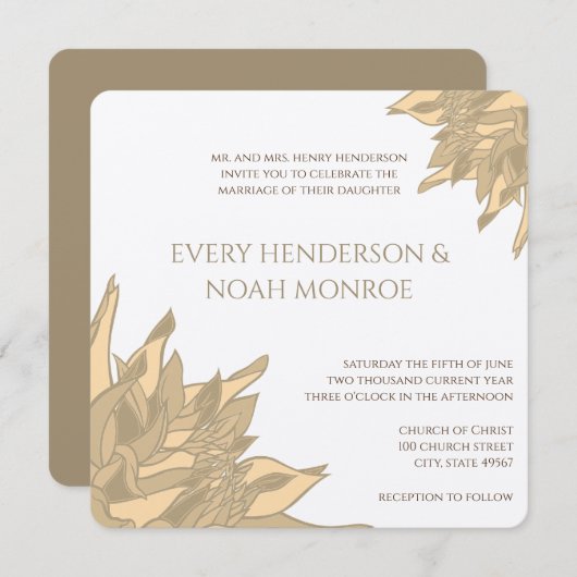 ティール(緑がかった色)ピンクビーズワックスイエローコーラルフローラ招待状 招待状 (正面/裏面)