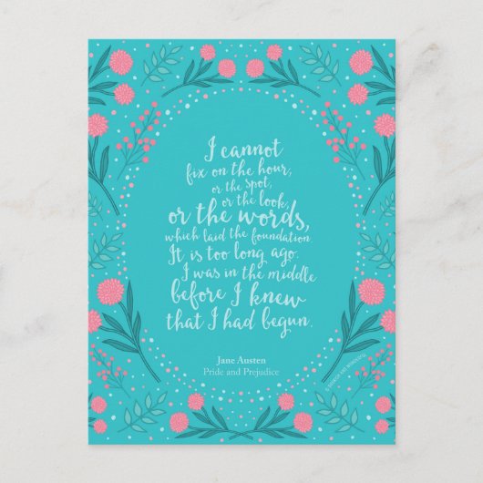 ティール(緑がかった色)&ピンクフローラジェーンオースティンプライドと偏見 ポストカード (正面)
