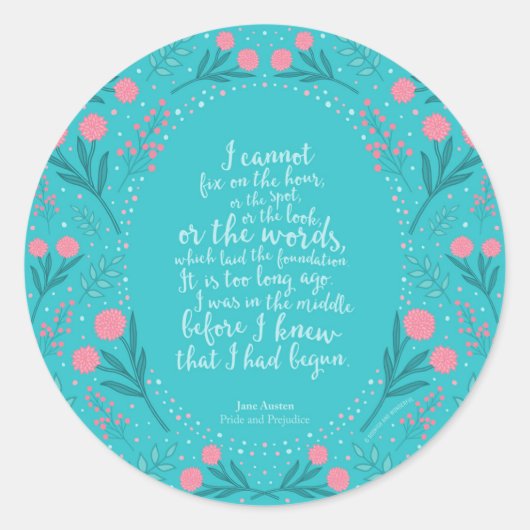ティール(緑がかった色)&ピンクフローラジェーンオースティンプライドと偏見 ラウンドシール (正面)