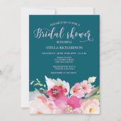 ティール（緑がかった色）ピンクフローラブライダルシャワー 招待状 (正面)