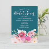 ティール（緑がかった色）ピンクフローラブライダルシャワー 招待状 (スタンド正面)