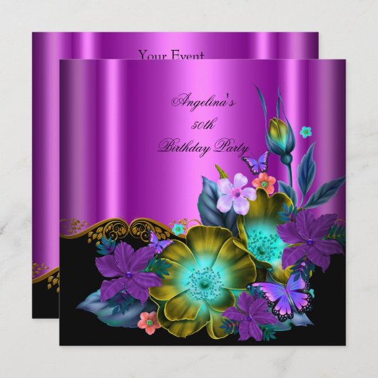 ティール（緑がかった色）ピンクフローラブラック金ゴールド誕生日パーティー 招待状 (正面/裏面)