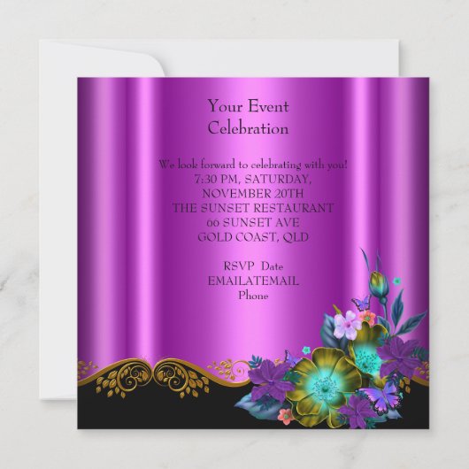 ティール（緑がかった色）ピンクフローラブラック金ゴールド誕生日パーティー 招待状 (裏面)