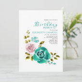 ティール(緑がかった色)&ピンクフローラブーケバースデーパーティー 招待状 (スタンド正面)