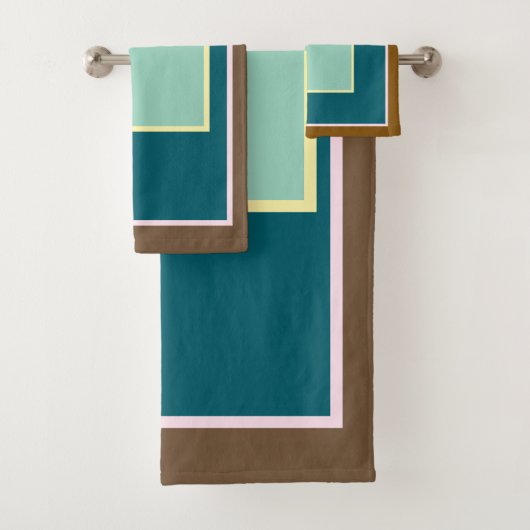 ティール（緑がかった色）ピンクブラウンブロックパターン（の模様が）あるバス バスタオルセット (インサイチュ)