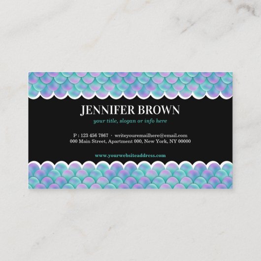ティール（緑がかった色）ピンクホログラフィックマーメイドテール 名刺 (裏面)