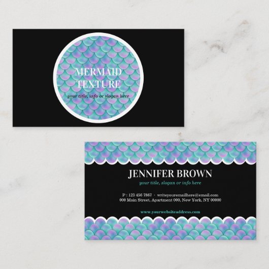 ティール（緑がかった色）ピンクホログラフィックマーメイドテール 名刺 (正面/裏面)