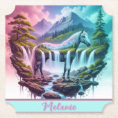 ティール（緑がかった色）ピンクホースマウンテンウォーターフォートコースター ペーパーコースター (正面)