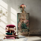 ティール（緑がかった色）&ピンクポートレートアートレディエレガントーシッティング 薄葉紙