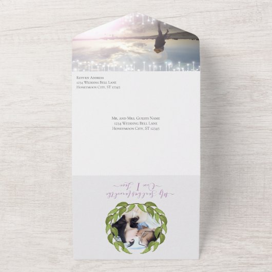 ティール(緑がかった色)ピンクロベバードシークレットフォレストガーデン オールインワン招待状 (外側)