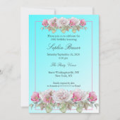 ティール（緑がかった色）ピンクローズフローラバースデーパーティー 招待状 (正面)
