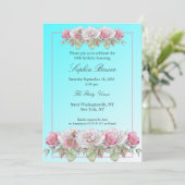 ティール（緑がかった色）ピンクローズフローラバースデーパーティー 招待状 (スタンド正面)