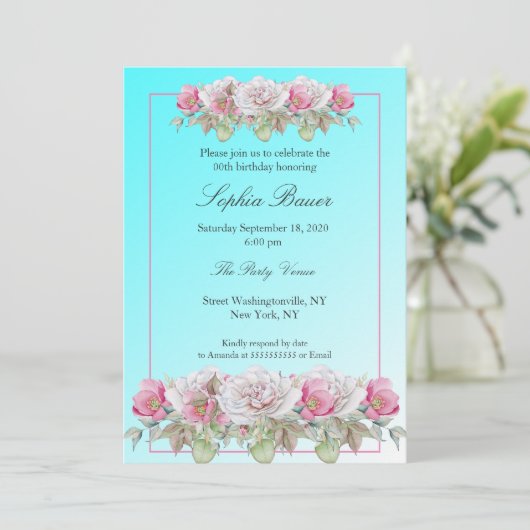 ティール(緑がかった色)ピンクローズフローラバースデーパーティー 招待状 (スタンド正面)