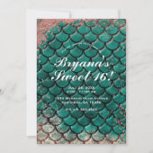 ティール(緑がかった色)&ピンクローズ金ゴールドグリッターマーメイドスウィート16 招待状 (正面)