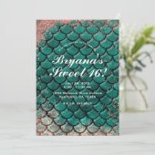 ティール(緑がかった色)&ピンクローズ金ゴールドグリッターマーメイドスウィート16 招待状 (スタンド正面)