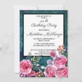 ティール（緑がかった色）ピンクローゼズブドーブスバースデーパーティー 招待状 (正面)