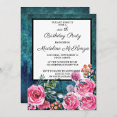 ティール（緑がかった色）ピンクローゼズブドーブスバースデーパーティー 招待状 (正面/裏面)