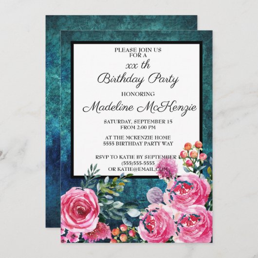 ティール（緑がかった色）ピンクローゼズブドーブスバースデーパーティー 招待状 (正面/裏面)