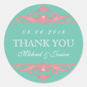 ティール（緑がかった色）ピンクヴィンテージスワールオーナメント結婚式用シール ラウンドシール