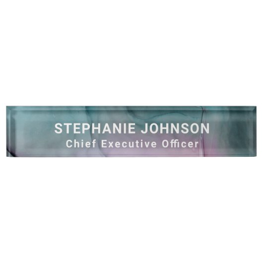 ティール（緑がかった色）ピンク抽象芸術アルコールインク起業家CEO デスクネームプレート (正面)