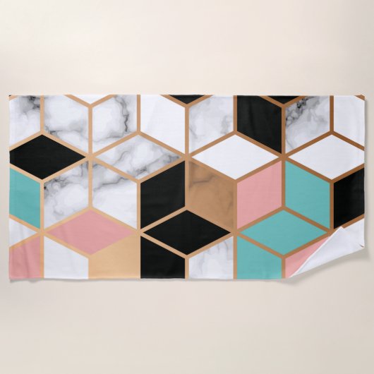 ティール（緑がかった色）ピンク抽象芸術立方体パターン（大理石） ビーチタオル (正面)