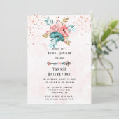ティール(緑がかった色)&ピンク牡丹花ブライダルシャワー 招待状 (スタンド正面)