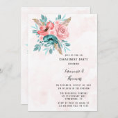 ティール（緑がかった色）&ピンク牡丹花婚約パーティ 招待状 (正面/裏面)