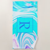 ティール(緑がかった色)ピンク白抽象芸術波パターンモノグラムの ビーチタオル (正面)