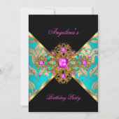 ティール（緑がかった色）ピンク金ゴールドダマスクフローラ誕生日パーティー 招待状 (正面)